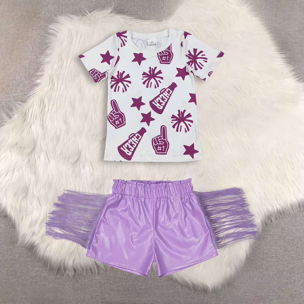 RTS NO MOQ（In Stock) short-sleeved top shiny leather fringed shorts sets