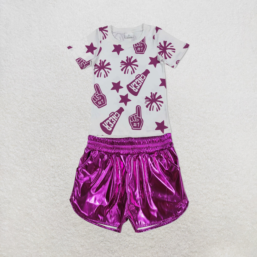 RTS NO MOQ Sibling milk silk Baby Girls Cheer Team Short Sleeve Top Leather Shorts Clothes Set