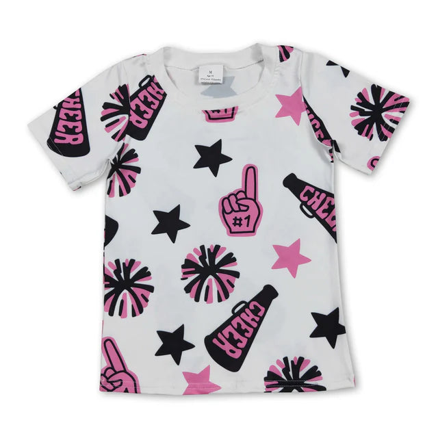 RTS NO MOQ GT0994+SS0068 Baby Girls Short Sleeves Pink Firework Stars Tee Shirts Tops Shorts Set