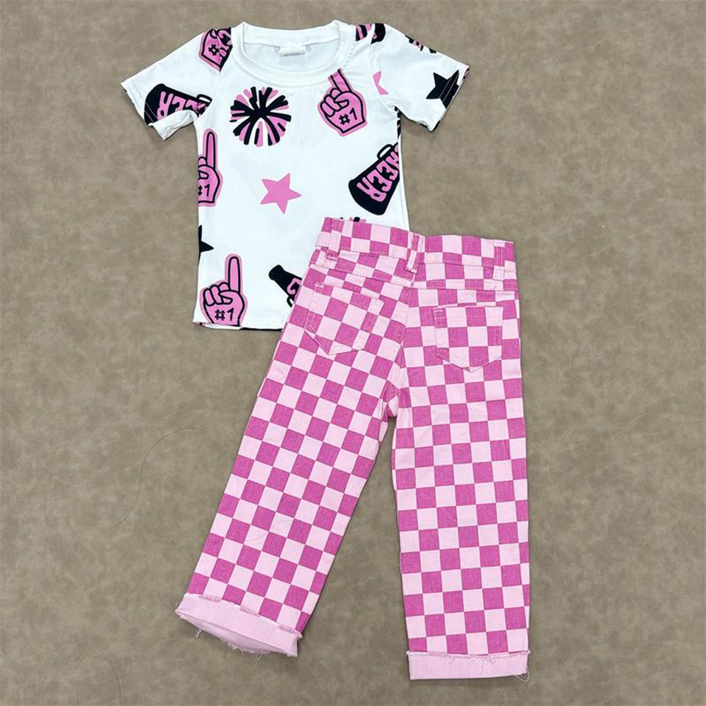 RTS NO MOQ Sibling baby girl clothes cheer short sleeve jeans sets