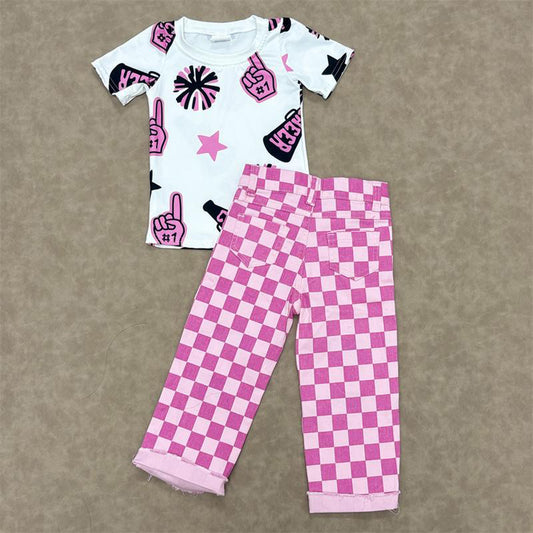 RTS NO MOQ Sibling baby girl clothes cheer short sleeve jeans sets