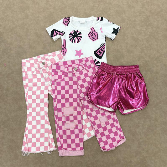RTS NO MOQ Sibling baby girl clothes cheer short sleeve jeans sets