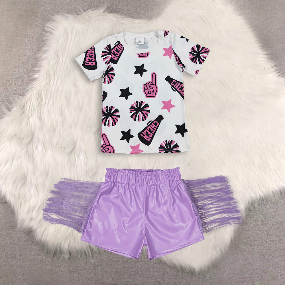 RTS NO MOQ（In Stock) short-sleeved top shiny leather fringed shorts sets