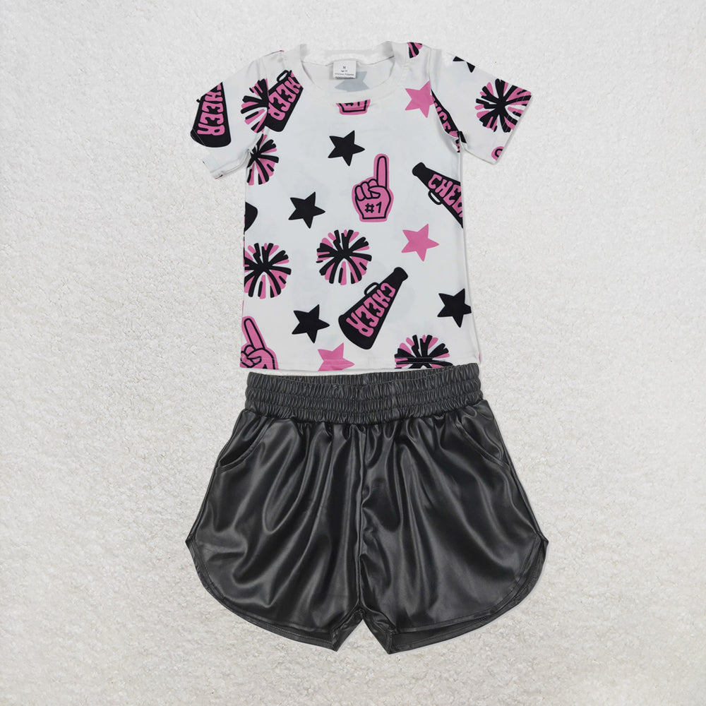 RTS NO MOQ Sibling milk silk Baby Girls Cheer Team Short Sleeve Top Leather Shorts Clothes Set