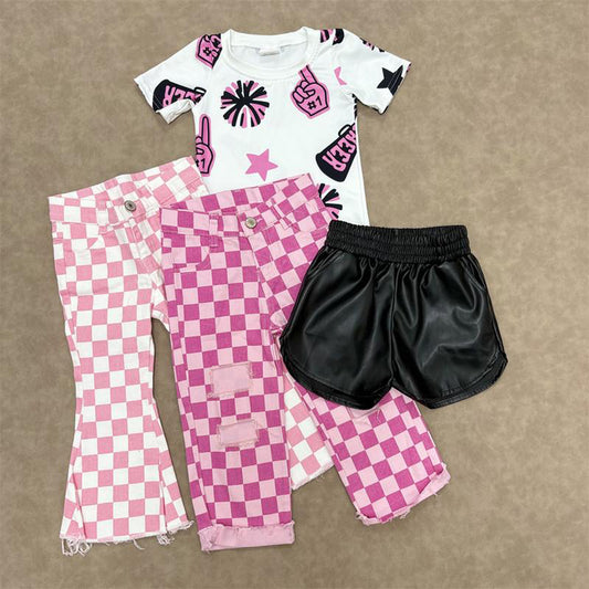RTS NO MOQ Sibling baby girl clothes cheer short sleeve jeans sets