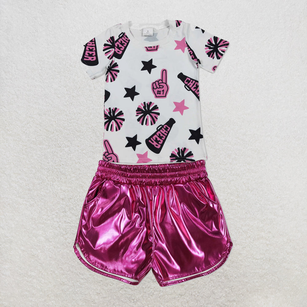RTS NO MOQ Sibling milk silk Baby Girls Cheer Team Short Sleeve Top Leather Shorts Clothes Set