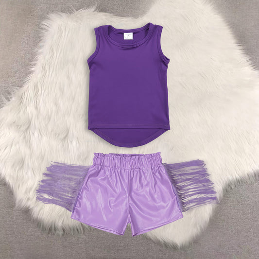 RTS NO MOQ（In Stock) yoga purple sleeveless top shiny leather fringed shorts sets