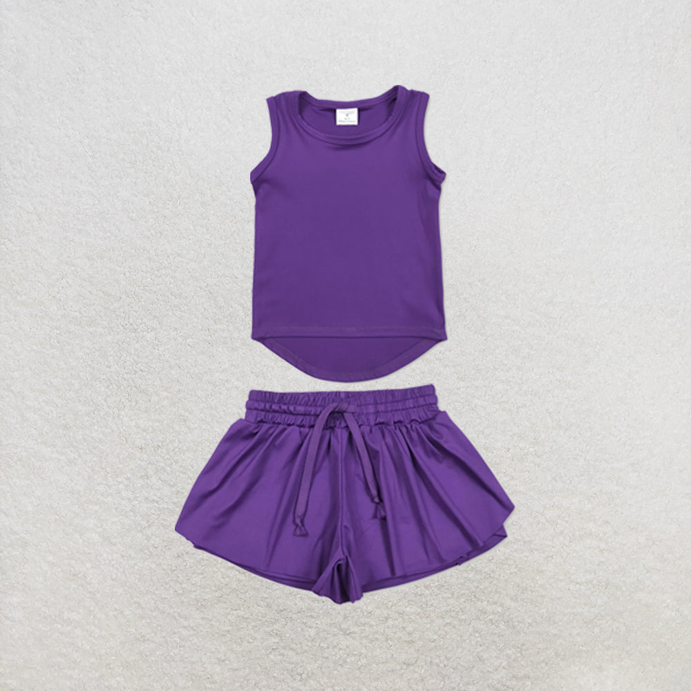 RTS NO MOQ Sibling yoga fabric Baby Girls Solid Color Sleeveless Yoga Tank Top Skort Yoga Shorts Bottoms Active Clothes Set