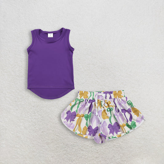 RTS NO MOQ GT0996+SS0684 Baby Girls Purple Sleeveless Yoga Active Tee Shirts Vests Mardigras Bows Plaid Yoga Active Shorts Bottoms