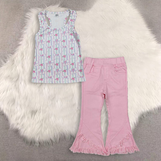 RTS NO MOQ Sibling Baby Girls clothes bow floral sleeveless pants Set and top and jeans pant