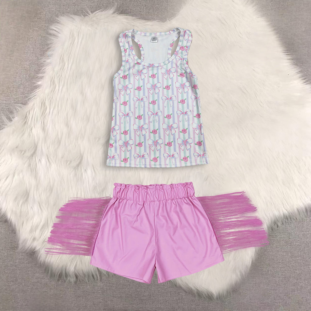 RTS NO MOQ（In Stock) short-sleeved top shiny leather fringed shorts sets