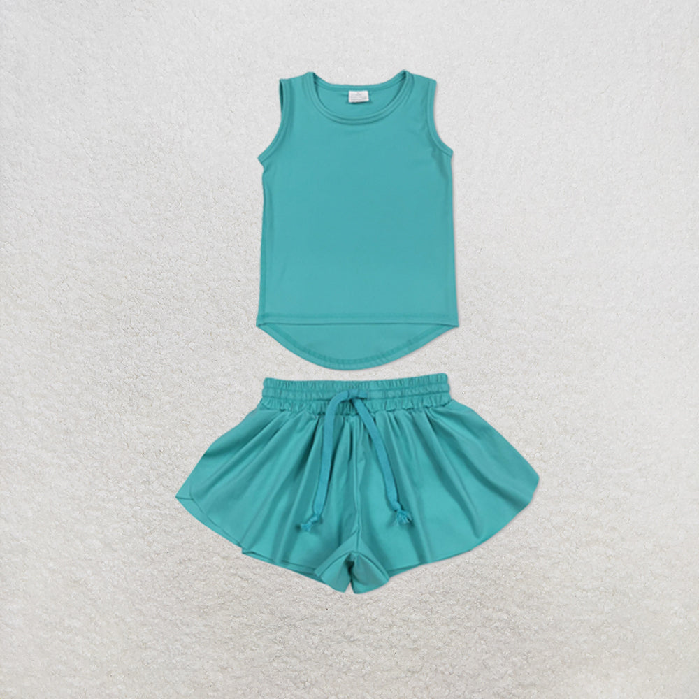 RTS NO MOQ Sibling yoga fabric Baby Girls Solid Color Sleeveless Yoga Tank Top Skort Yoga Shorts Bottoms Active Clothes Set