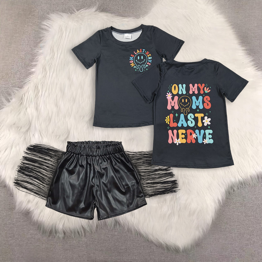 RTS NO MOQ（In Stock) short-sleeved top shiny leather fringed shorts sets