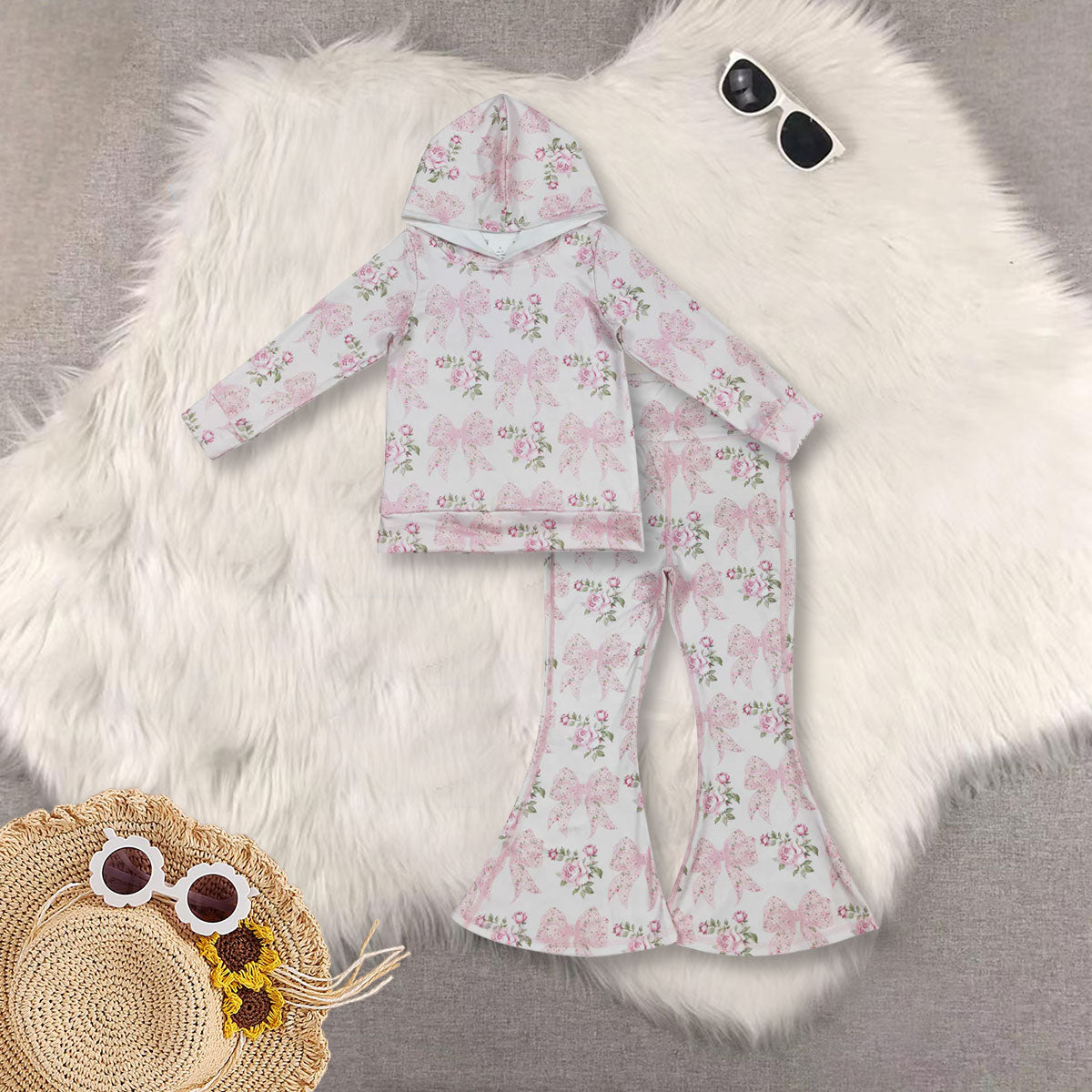 RTS Sibling baby girl clothes yoga bow floral hooded long Sleeve tops and sets