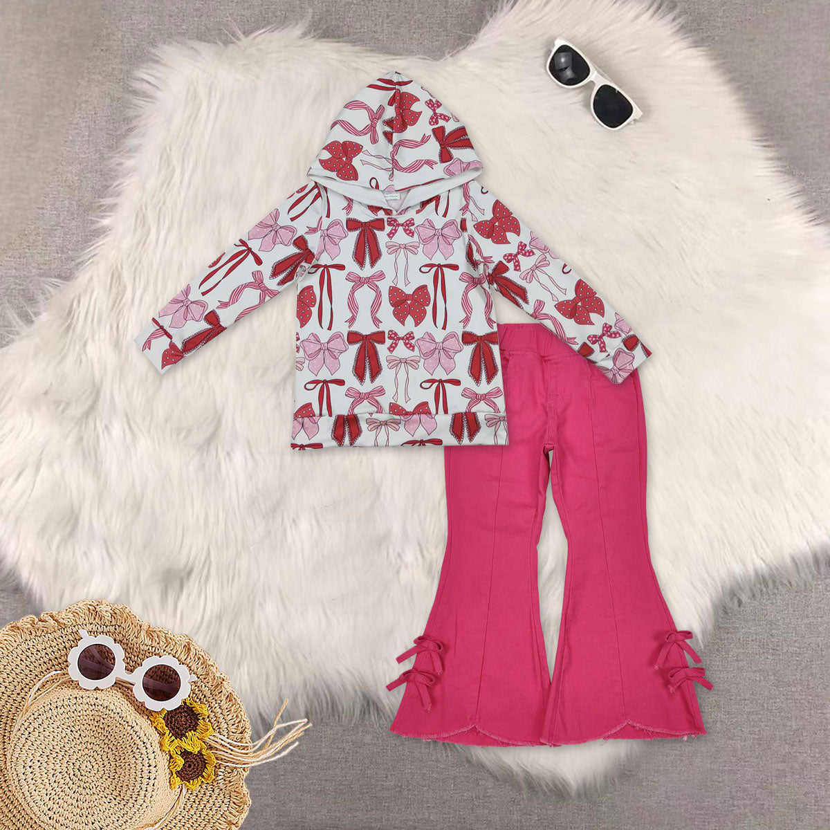 RTS NO MOQ Sibling baby girl clothes bow hooded long sleeve top elastic waist denim pants sets 5