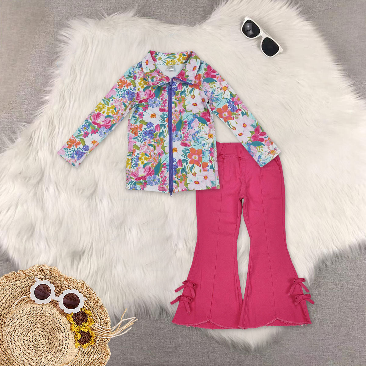 RTS NO MOQ Sibling baby girl clothes bow hooded long sleeve top elastic waist denim pants sets 5