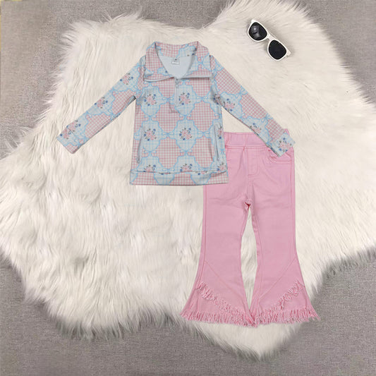 RTS NO MOQ（In Stock) GT1062+P0463 yoga floral zipper long sleeve top Pink tassel elastic waist denim pants sets