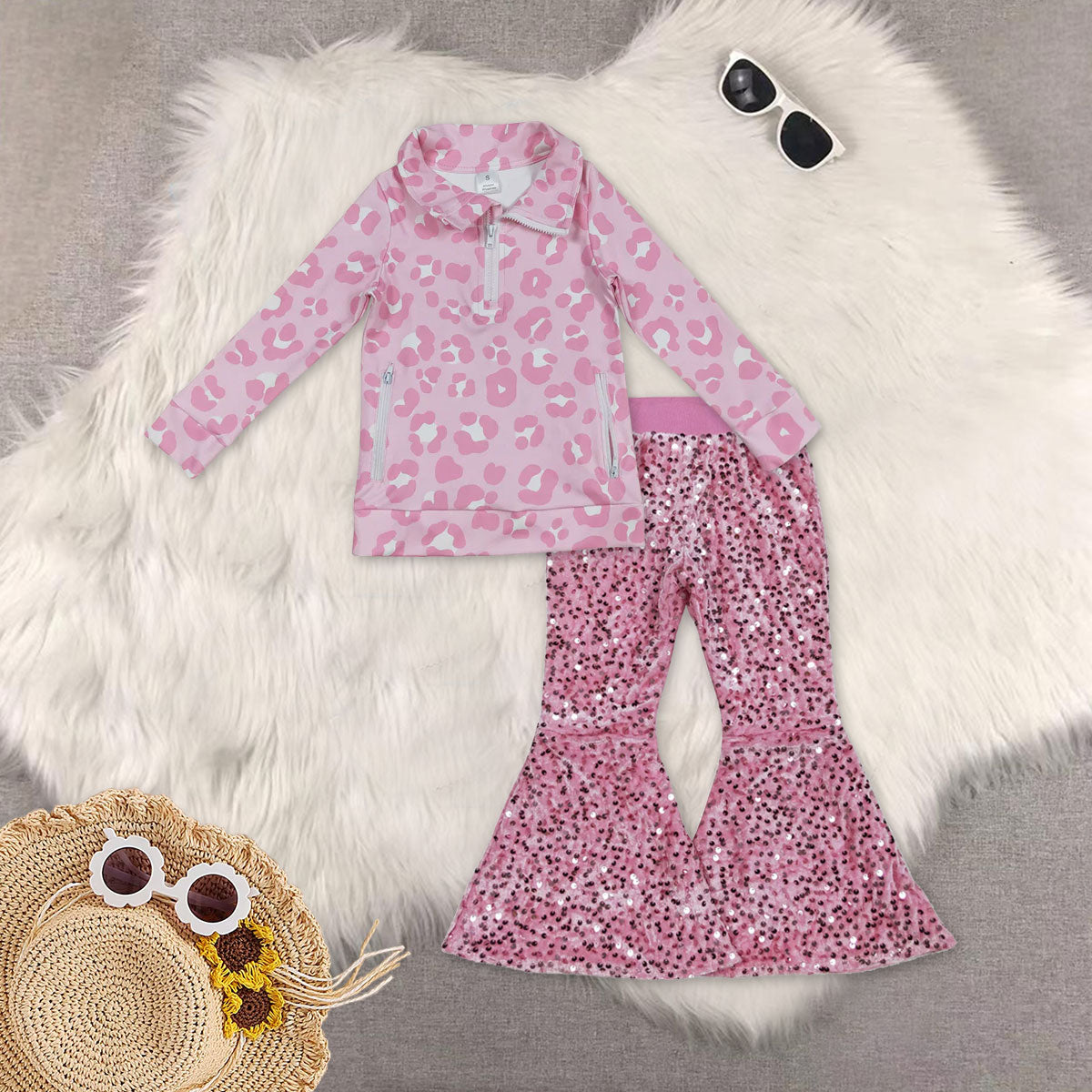 RTS NO MOQ Sibling baby girl clothes yoga leopard long sleeved top pink sequined pants set and top and pants