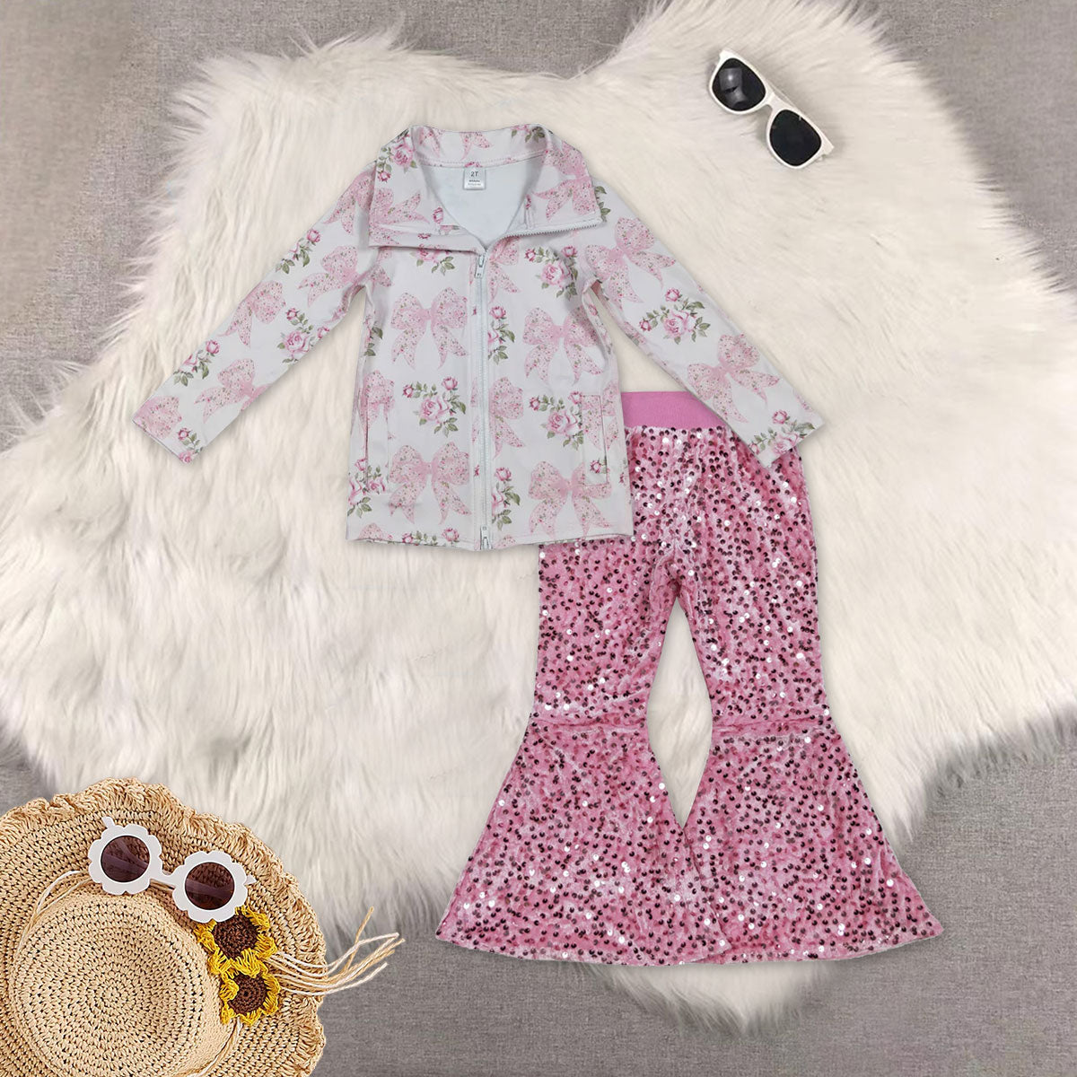 RTS NO MOQ Sibling baby girl clothes yoga bow floral long sleeved top pink sequined pants sets and yoga top and pants