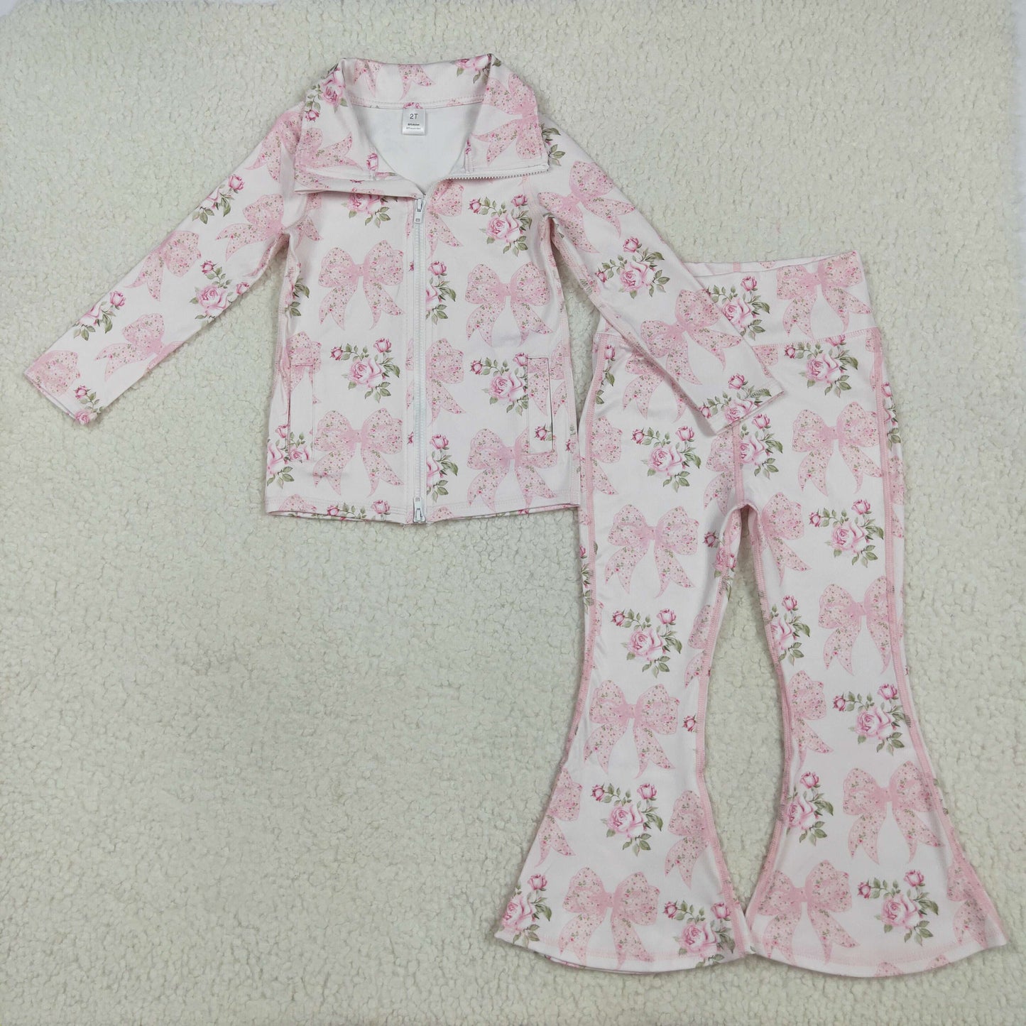RTS NO MOQ（In Stock) GT1075+P0768 Pink yoga zipper long-sleeved top with floral flower, leaf and bow pattern pant set