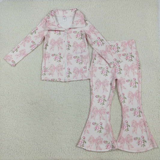 RTS NO MOQ（In Stock) GT1075+P0768 Pink yoga zipper long-sleeved top with floral flower, leaf and bow pattern pant set