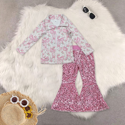 RTS NO MOQ Sibling baby girl clothes yoga bow floral long sleeved top pink sequined pants set and top and pants