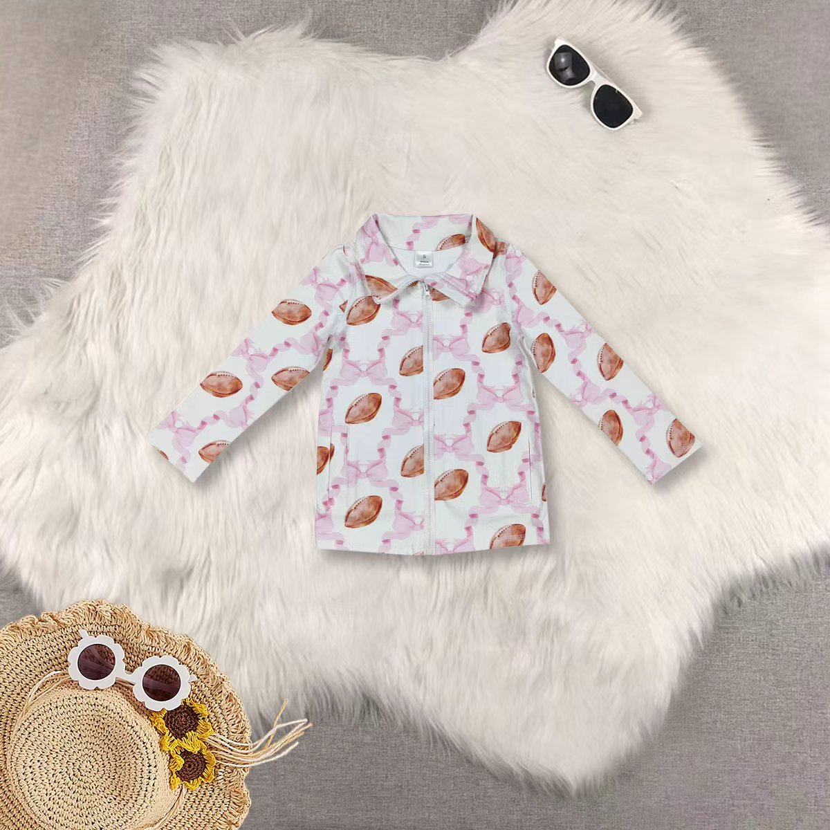 RTS NO MOQ Sibling baby girl clothes Rugby Pink Bow Patterned Yoga Zipper Long-Sleeved Top Pants set and top and pants