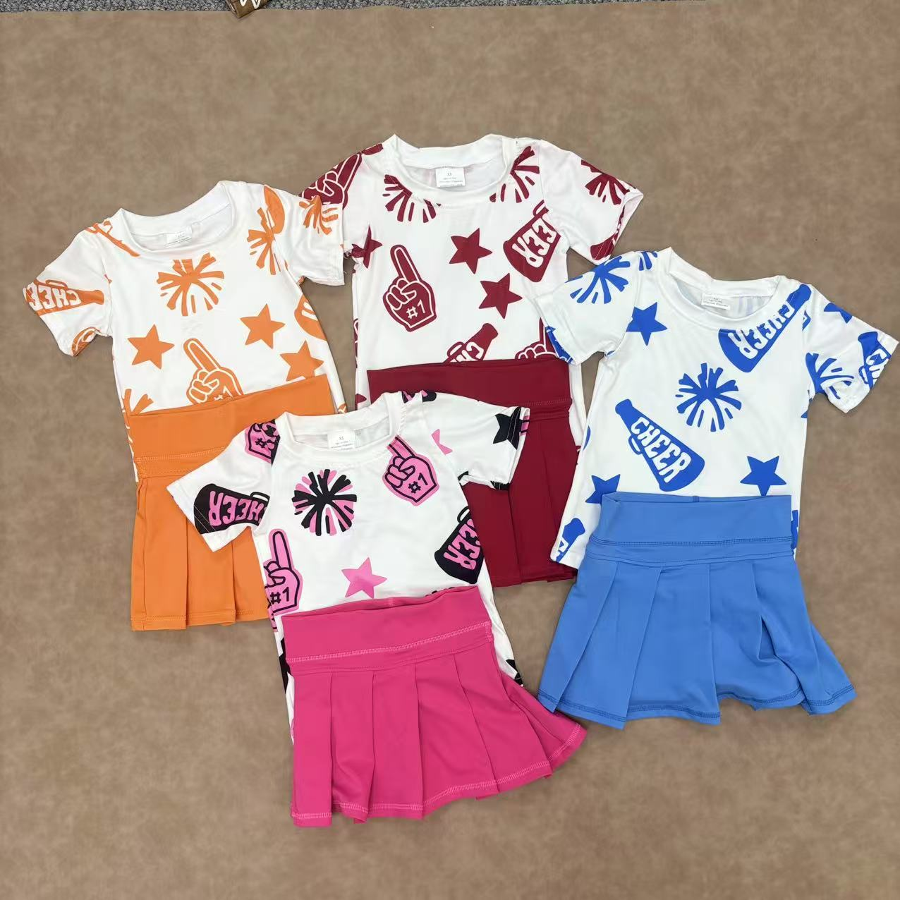 RTS NO MOQ Sibling baby girls clothes Cheer fireworks star white short-sleeved top skirt sets