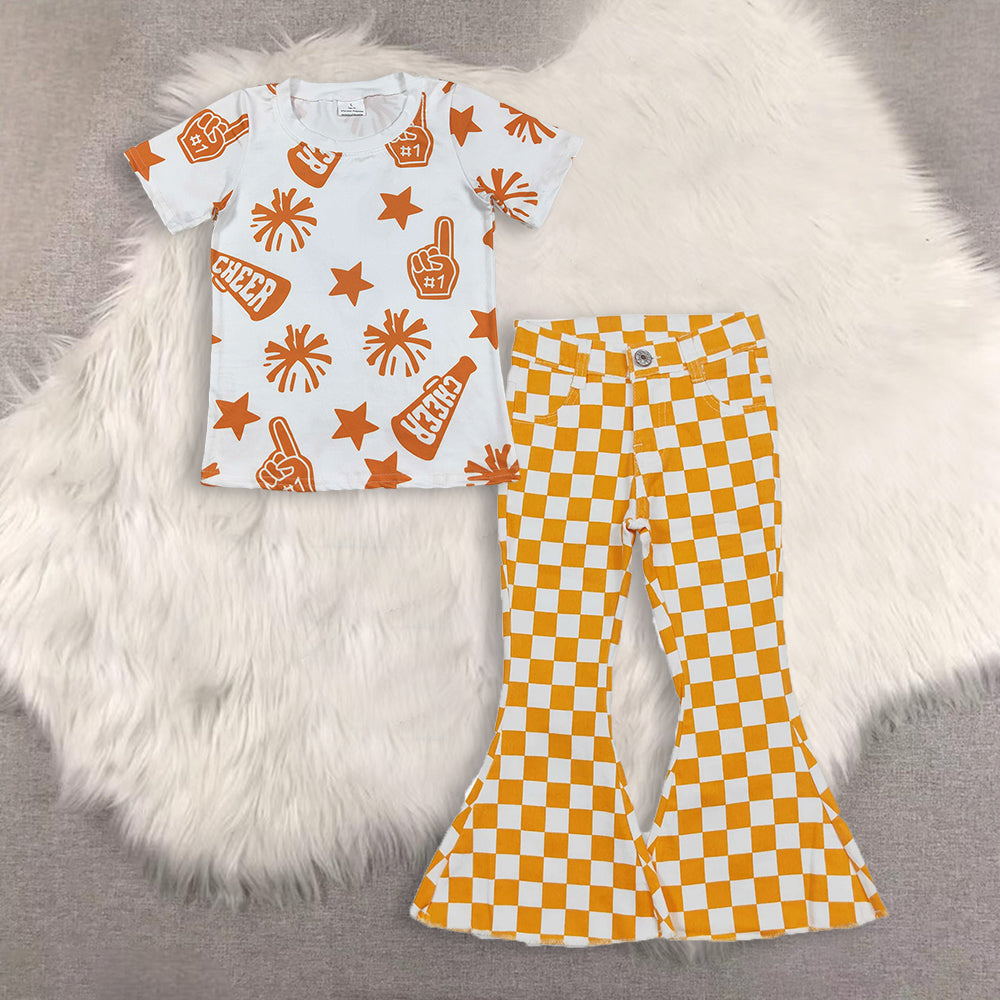 RTS NO MOQ（In Stock) baby girls clothes cheer short-sleeved top demin pants set