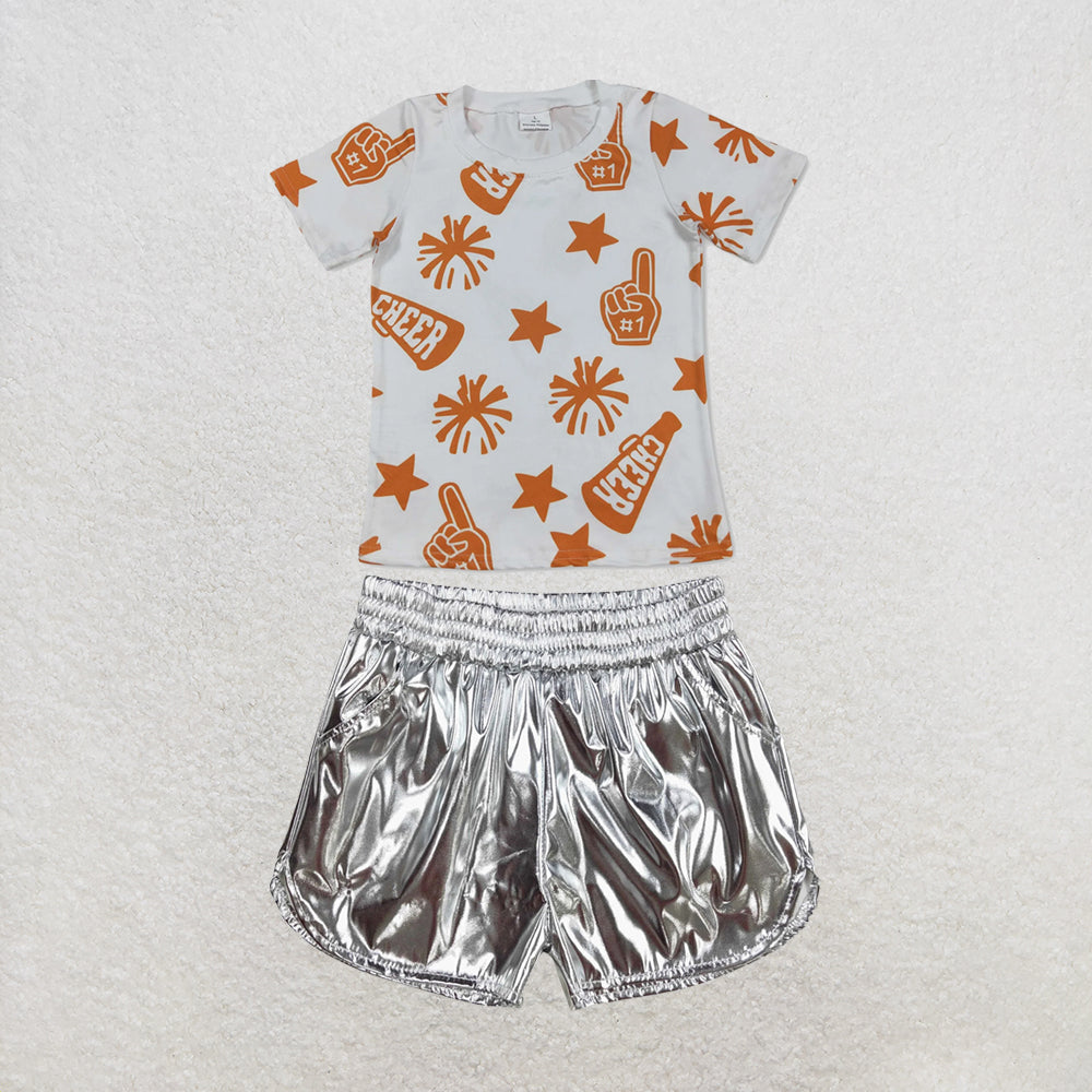 RTS NO MOQ Sibling milk silk Baby Girls Cheer Team Short Sleeve Top Leather Shorts Clothes Set