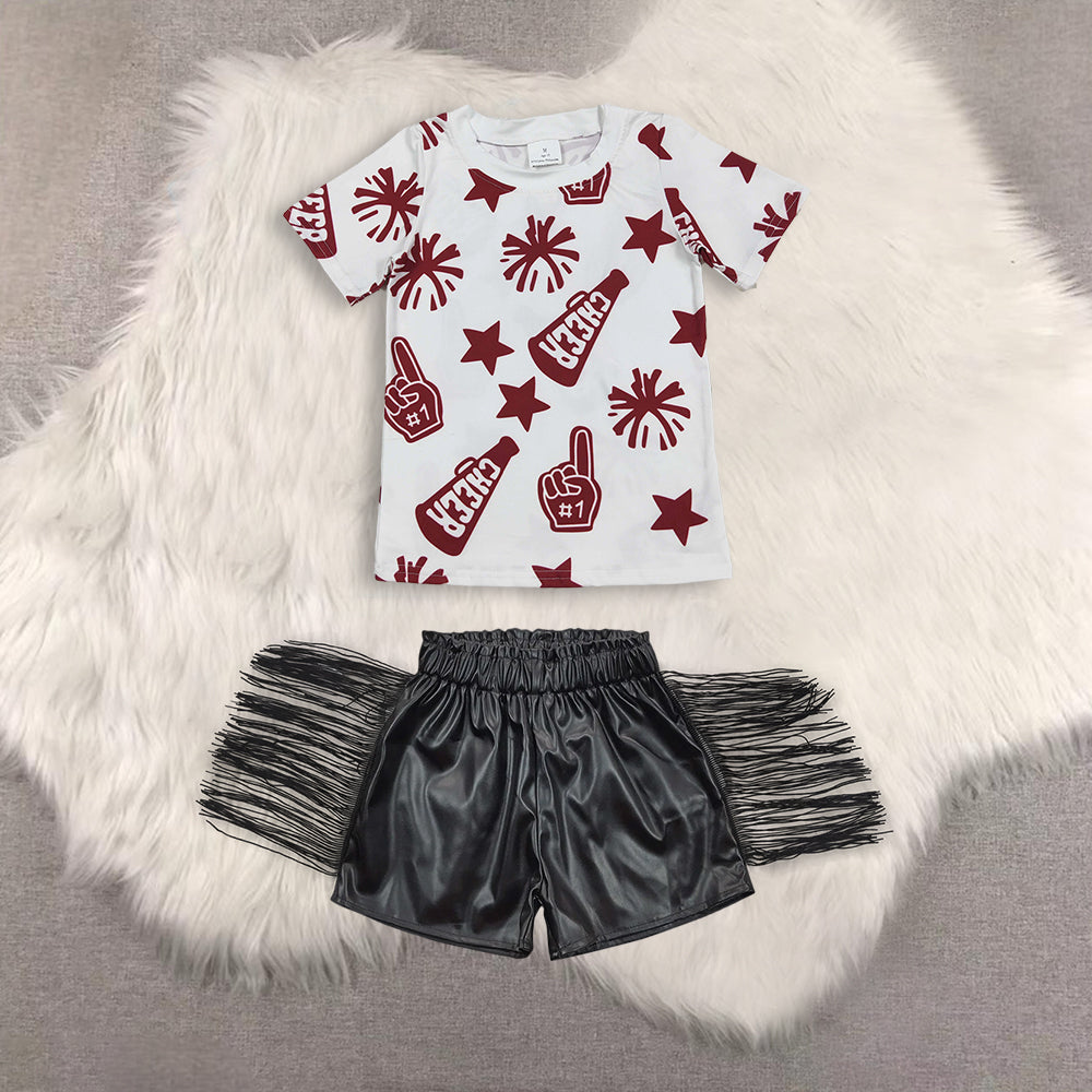 RTS NO MOQ（In Stock) short-sleeved top shiny leather fringed shorts sets