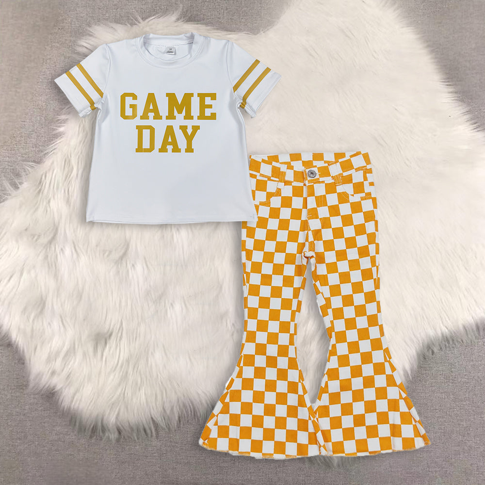 RTS NO MOQ（In Stock) baby girls clothes GAME DAY short-sleeved top demin pants set