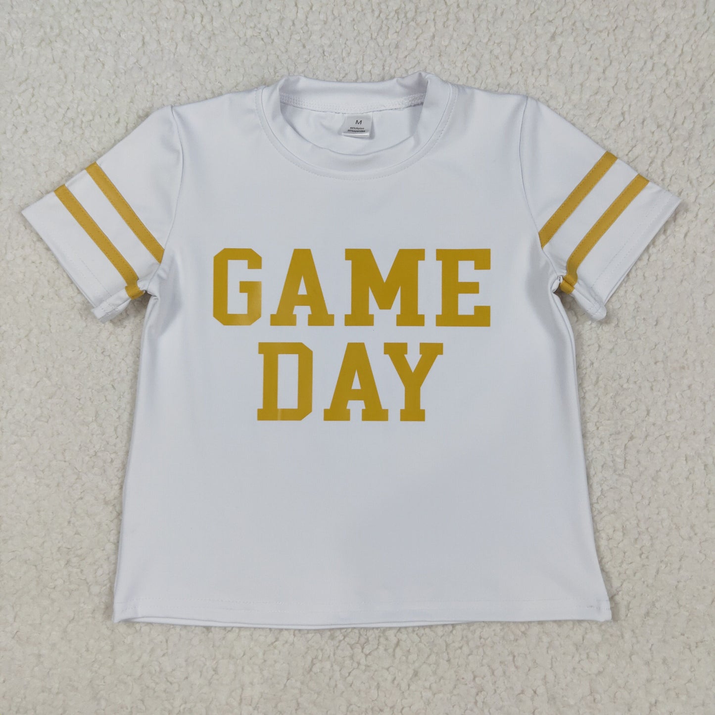 RTS NO MOQ（In Stock) GT1101 Game Day Offset Yellow Lettering Striped White Short-Sleeved Yoga Top