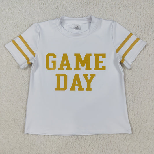 RTS NO MOQ（In Stock) GT1101 Game Day Offset Yellow Lettering Striped White Short-Sleeved Yoga Top