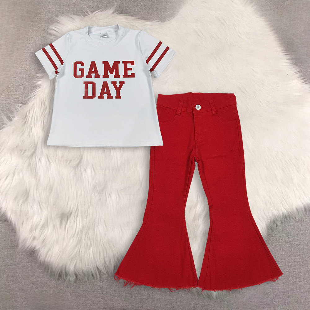 RTS NO MOQ Sibling baby girl clothes GAME DAY short sleeve top and jeand pants