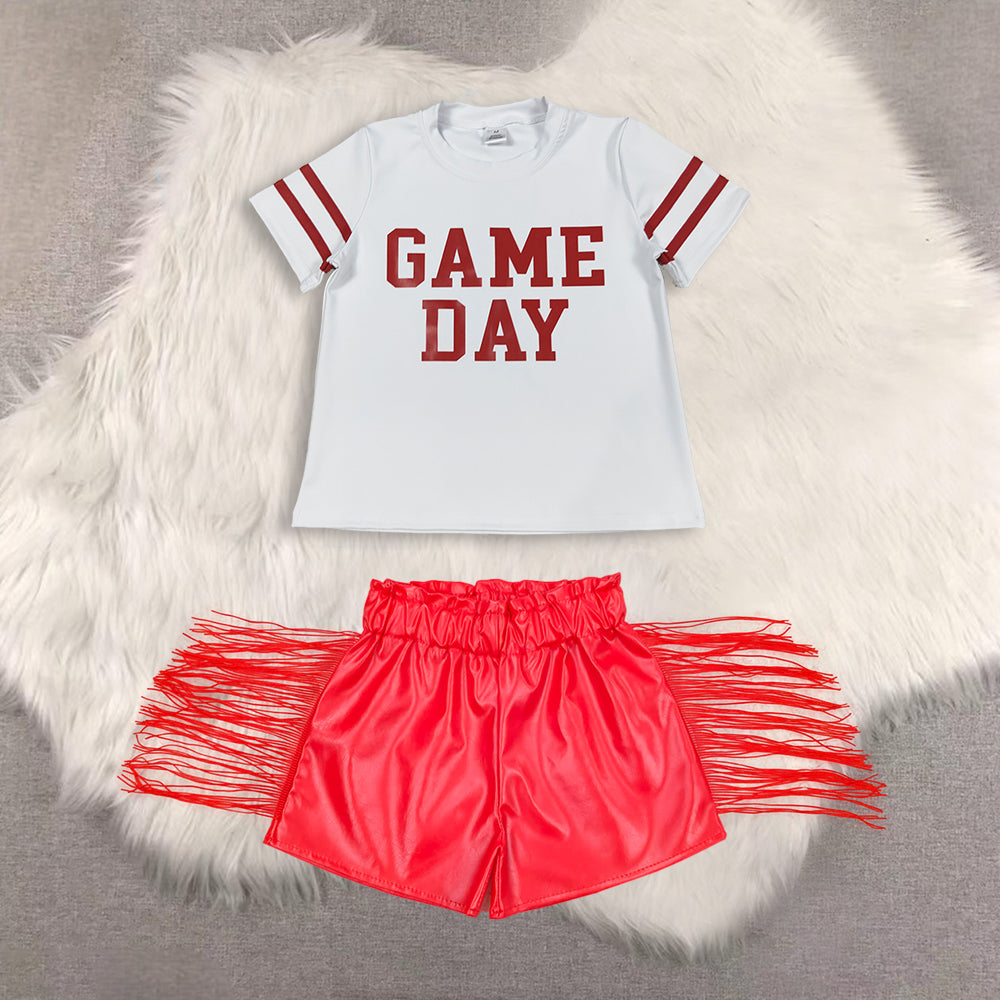 RTS NO MOQ（In Stock) short-sleeved top shiny leather fringed shorts sets