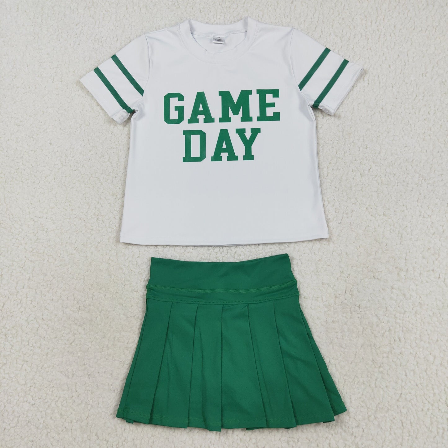 RTS NO MOQ（In Stock) GT1103+GLK0126 Game Day White short-sleeved yoga top with offset green lettering and stripes Solid green yoga skirt set