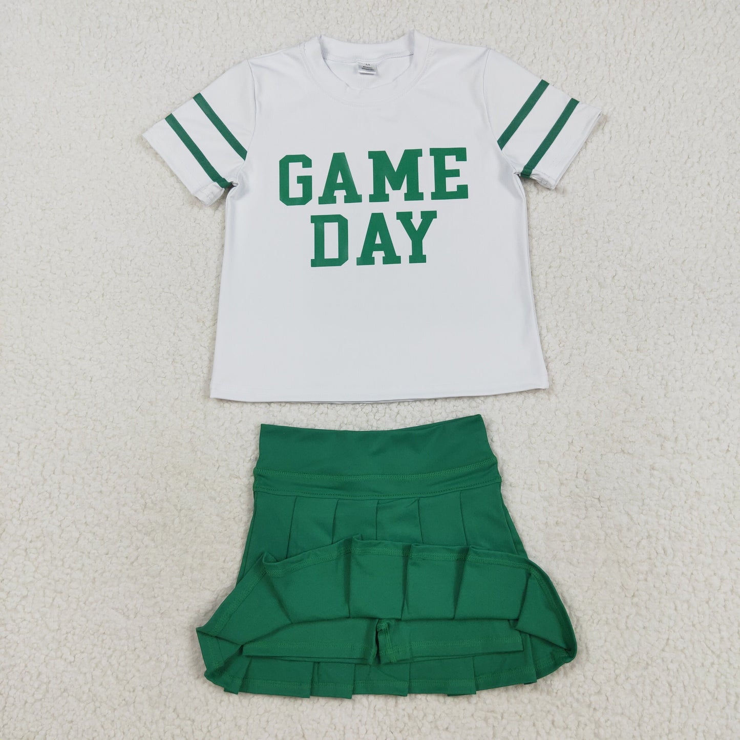 RTS NO MOQ（In Stock) GT1103+GLK0126 Game Day White short-sleeved yoga top with offset green lettering and stripes Solid green yoga skirt set