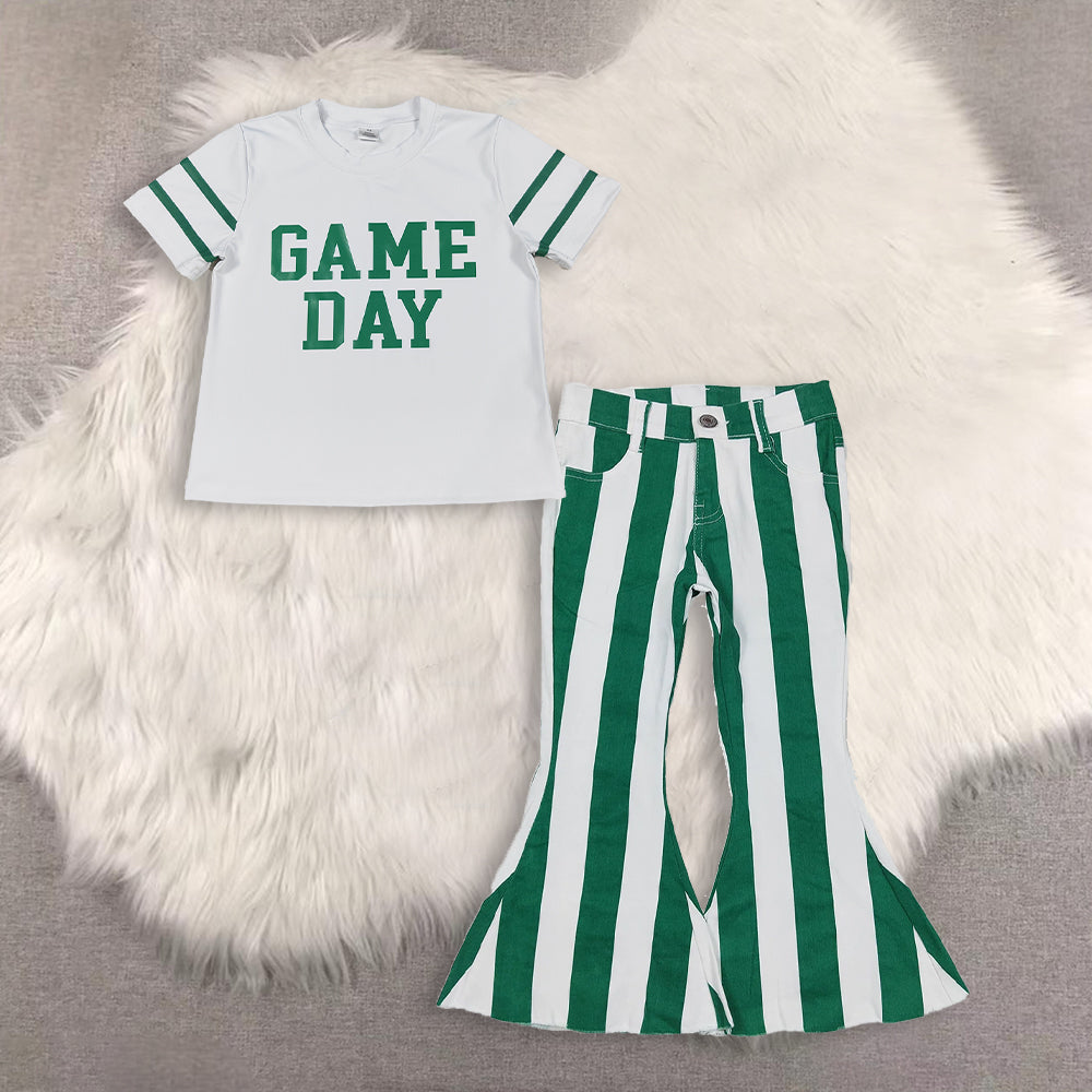 RTS NO MOQ Sibling baby girl clothes GAME DAY short sleeve top and jeand pants