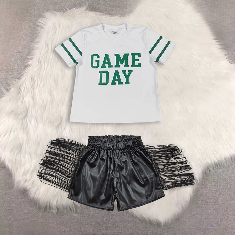 RTS NO MOQ（In Stock) short-sleeved top shiny leather fringed shorts sets