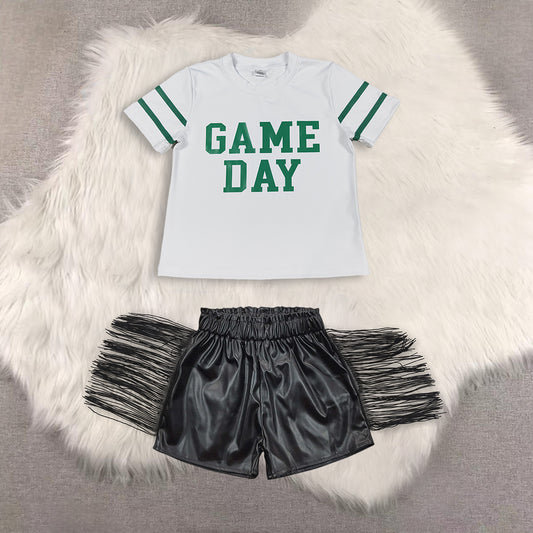 RTS NO MOQ（In Stock) short-sleeved top shiny leather fringed shorts sets