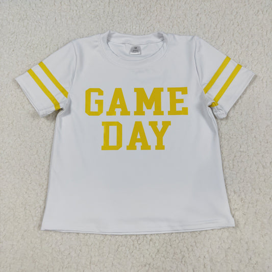 RTS NO MOQ（In Stock) GT1115 Game Day white yoga short-sleeved top with offset gold lettering and stripes