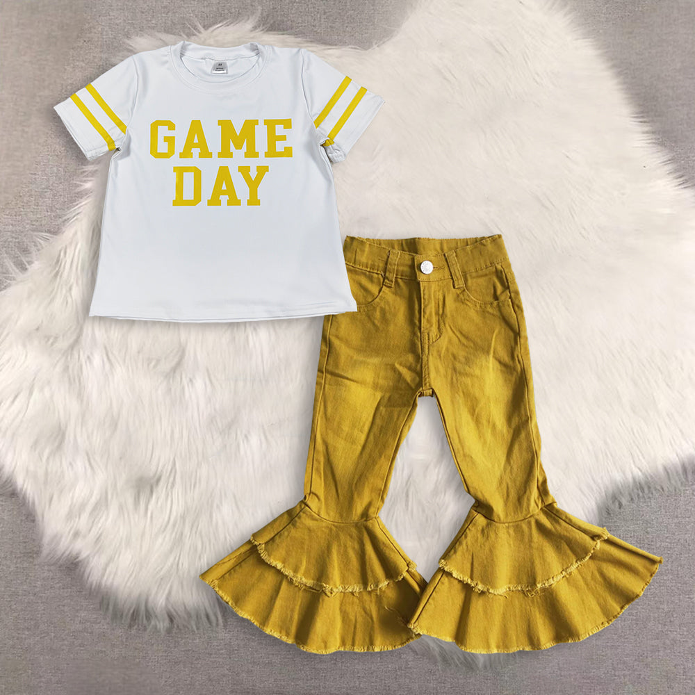 RTS NO MOQ Sibling baby girl clothes GAME DAY short sleeve top and jeand pants