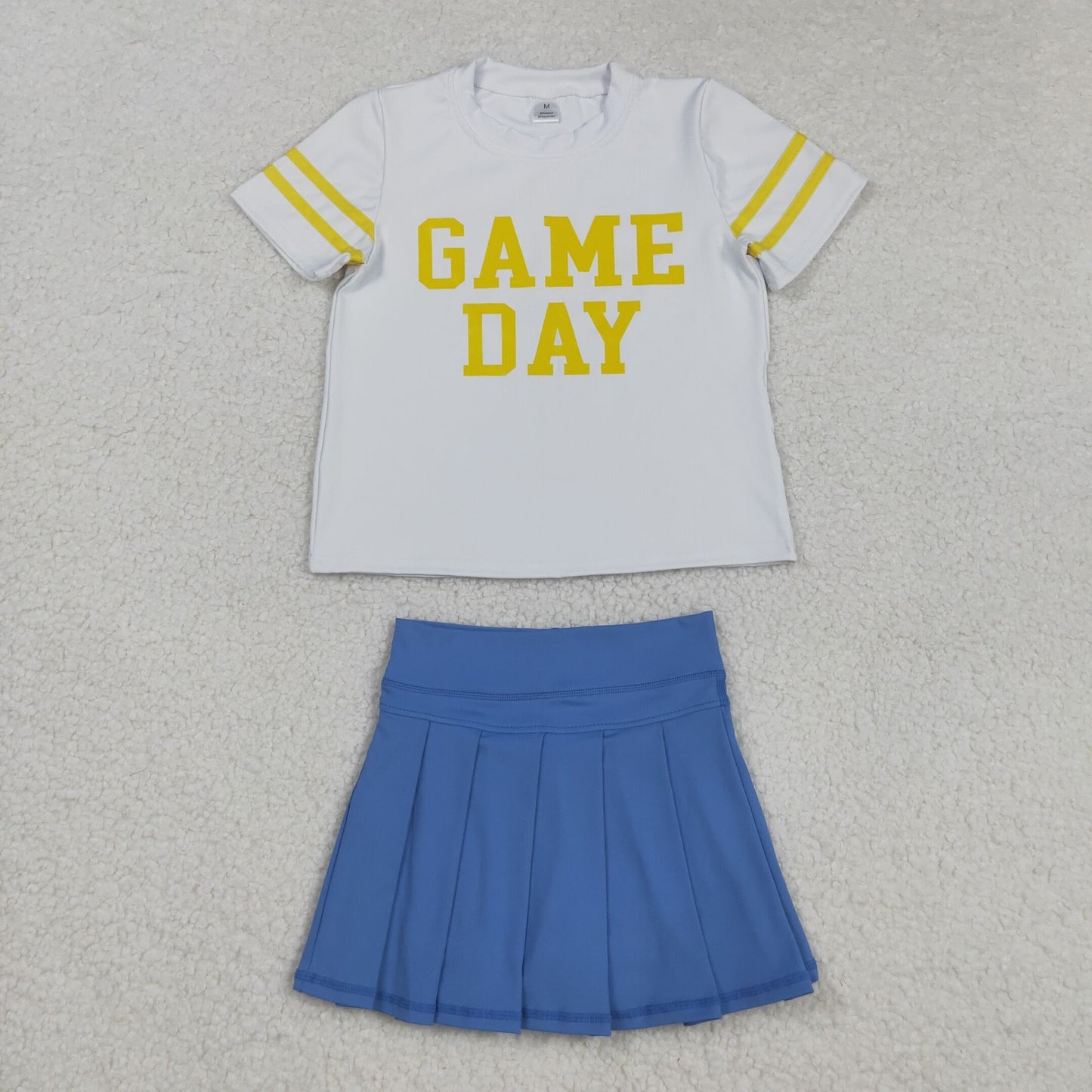 RTS NO MOQ Sibling baby girls clothes Game Day White short-sleeved yoga top with offset green lettering and stripes Solid green yoga skirt set