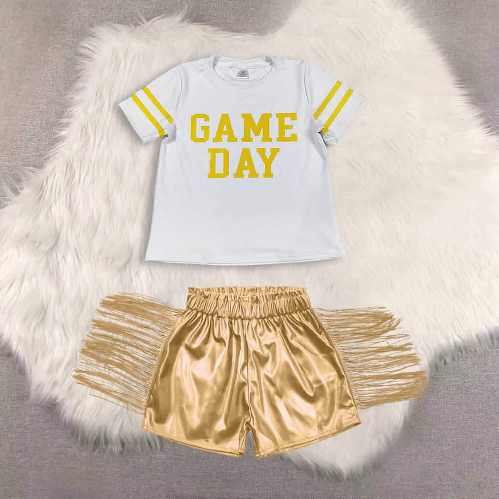 RTS NO MOQ（In Stock) short-sleeved top shiny leather fringed shorts sets