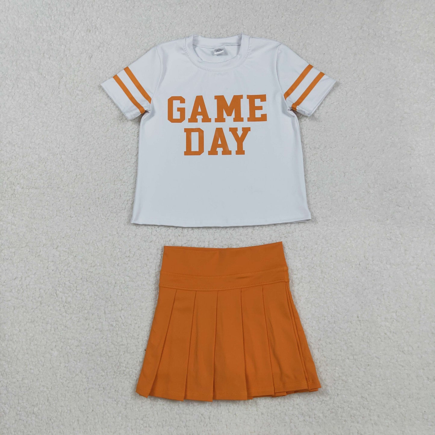 RTS NO MOQ Sibling baby girls clothes Game Day White short-sleeved yoga top with offset green lettering and stripes Solid green yoga skirt set