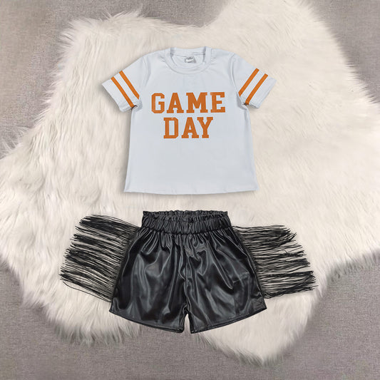 RTS NO MOQ（In Stock) short-sleeved top shiny leather fringed shorts sets