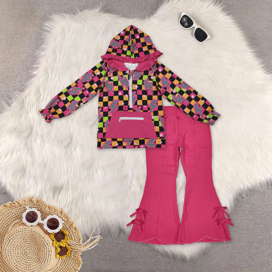 RTS NO MOQ Sibling Baby Girls hooded Long Sleeve Tops DENIM SETS and top and jeans