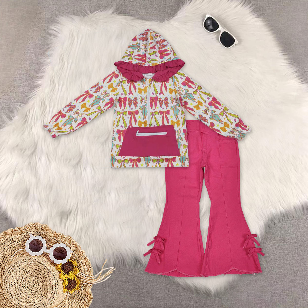 RTS NO MOQ Sibling Baby Girls hooded Long Sleeve Tops DENIM SETS and top and jeans