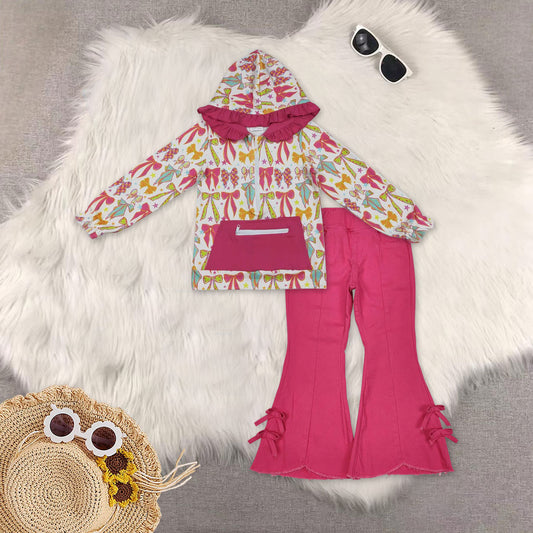 RTS NO MOQ Sibling Baby Girls hooded Long Sleeve Tops DENIM SETS and top and jeans